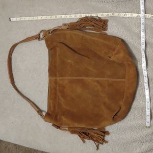 100% leather Lucky Brand hobo bag brown with fringe sold AS IS read discription